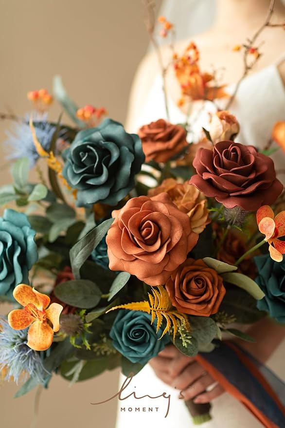 Ling's moment Teal Bridal Bouquet, Burnt Orange Wedding Bouquets for Bride, 15 Inch Silk Free Form Bridal Bouquets Artificial Wedding Flower Bouquet