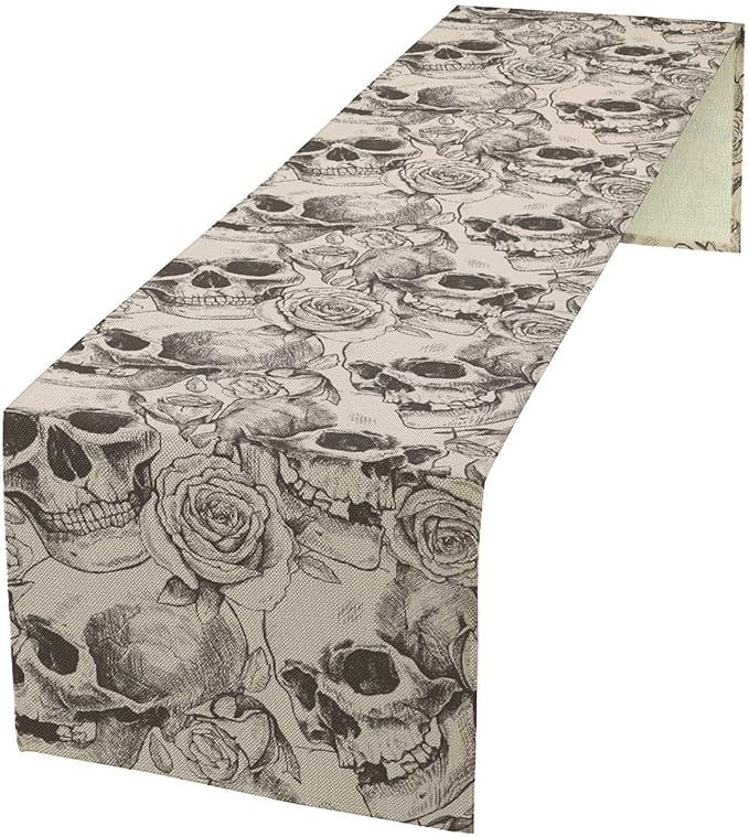 Gothic Table Runner,White Skull Floral Print Table Runner for Home Kitchen Table Dining Garden Farmhouse Wedding Party Decor 13x108 Inch