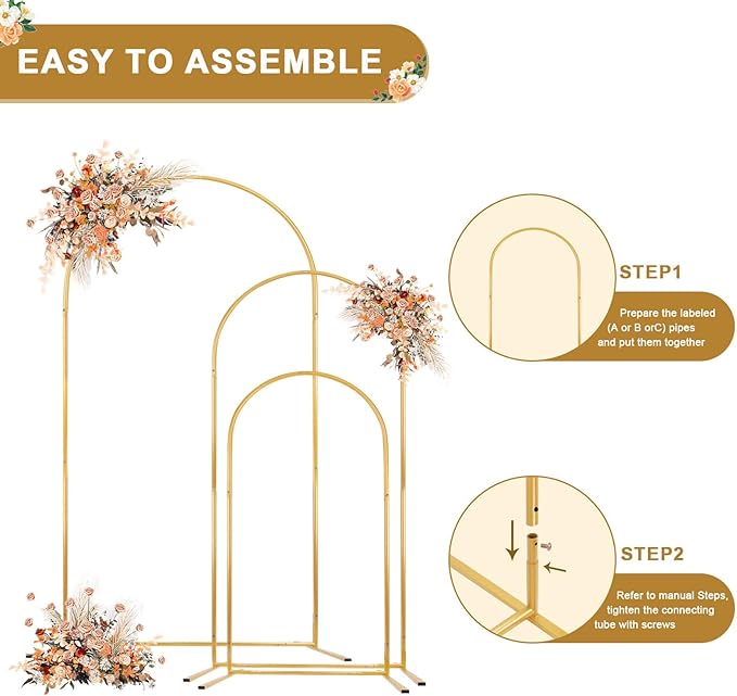 Metal Arch Backdrop Stand Set of 3 (6.6ft, 5.3ft, 4.7ft), Wedding Arch Frame Gold Arches Backdrop Stand for Ceremony, Birthdays, Baby Showers, Parties, Outdoor Indoor Celebration Decorations