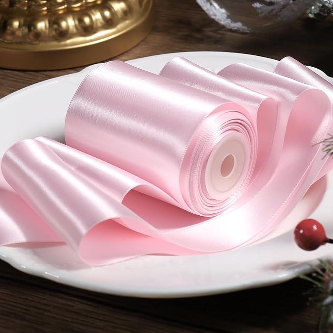 LaRibbons Light Pink Satin Ribbon 3 Inch 10 Yards Double Faced Luxury Light Pink Silk Ribbon for Gift Wrapping Flower Bouquets Bow Christmas Wedding Party Decoration