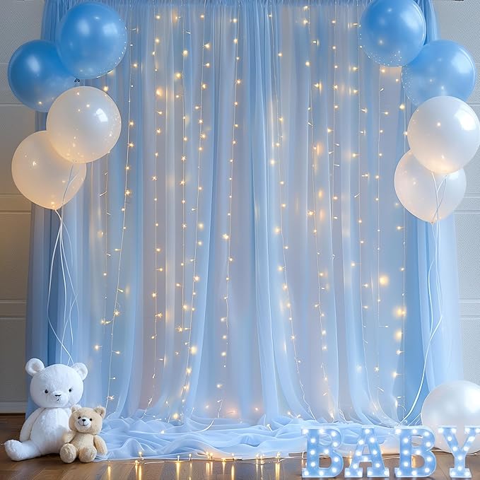 20x10ft Baby Blue Tulle Backdrop Curtain with Lights String for Parites, Sheer Backdrop Curtains for Wedding Baby Shower Birthday Party Photo Shoot Decorations