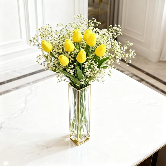 Real Touch Artificial Tulips, 20pcs Fake Tulip Flowers Stem, PU Faux Tulips 13.5” for Mother's Day, Home Decor, Wedding, Easter Valentine's Gift, Table Centerpiece, Floral Arrangements, Yellow