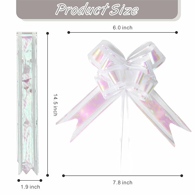 24PCS Crisp White Pull Bows for Gift Wrapping, 6" Large Pre-Tied Decorative Bows for Christmas, Wedding, Birthday, Party Decors, Reusable Instant Floral Decors for Gifts, Bouquets, Baskets