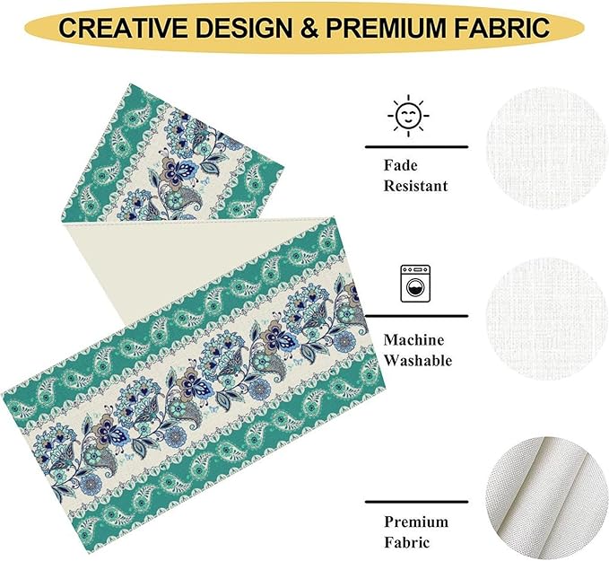 Paisley Table Runner, Rustic Blue Green Bohemian Damask Exotic Flower Cafe Table Center Decor for Home Kitchen Dining Patio Holiday Party Indoor Outdoor Table Decorations 13x108 inch