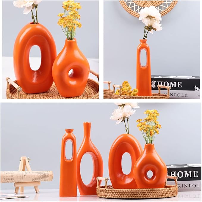 Orange Ceramic Vase Set of 4 - Round Hollow Boho Vases for Pampas Grass and Flowers Decor, Modern Minimalist Small Vases for Living Room, Bedroom, Fireplace, Coffee Table Decor and Centerpieces