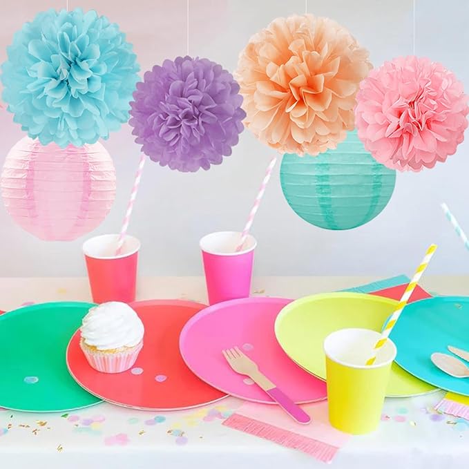 Pastel Paper Flowers Tissue Pom Poms Honeycomb Lanterns 15pcs Party Decorations for Rainbow Colorful Macaron Ice Cream Birthday Baby Shower Easter Carnival Wedding Hanging Supplies Mprocherify