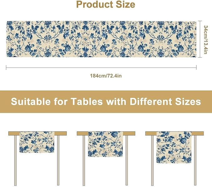 Vintage Floral Table Runner, Retro Blue Flowers Farmhouse Design Table Runner for Kitchen Dining Holiday Party Decor, 13x70 Inch