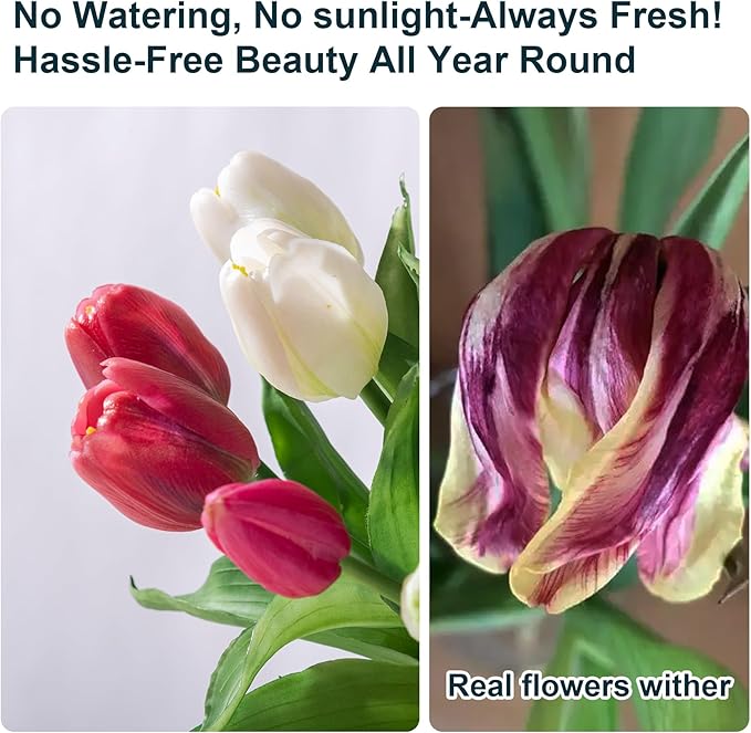 20PCS Fake Tulips Artificial Tulip Silk Flowers Fake PU Bouquet Artificial Flowers Faux Flowers with Gift Box Soft Faux Tulips Bouquets Arrangements for Party Wedding Home