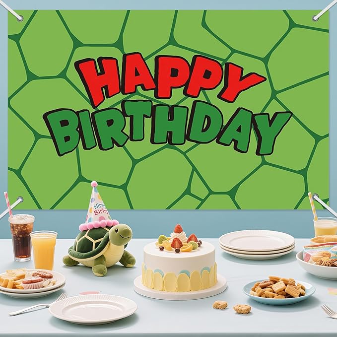 3x5ft Cartoon Turtle Birthday Backdrop, Happy Birthday Decoration Background, Cute Green Animal Theme Party Supplies Outdoor Indoor Photo Banner