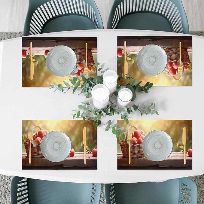 Apple Fall Fruit Basket Placemats Set of 4 PVC Vinyl Non Slip Table Mats Heat Resistant Place Mats Washable Wipeable Dining Table Mat for Kitchen Decor Party Indoor Outdoor Decorative Gift
