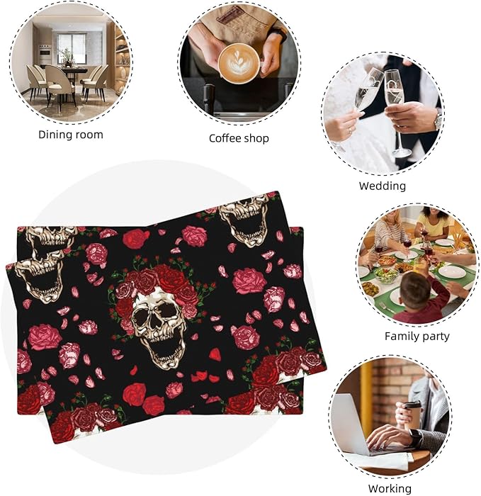 Placemats 4 pcs Skull Flower Double-Layer Imitation Linen Place Mats Non-Slip Heat-Resistant Tablemats for Home Restaurant Hotel 18×12 Inch