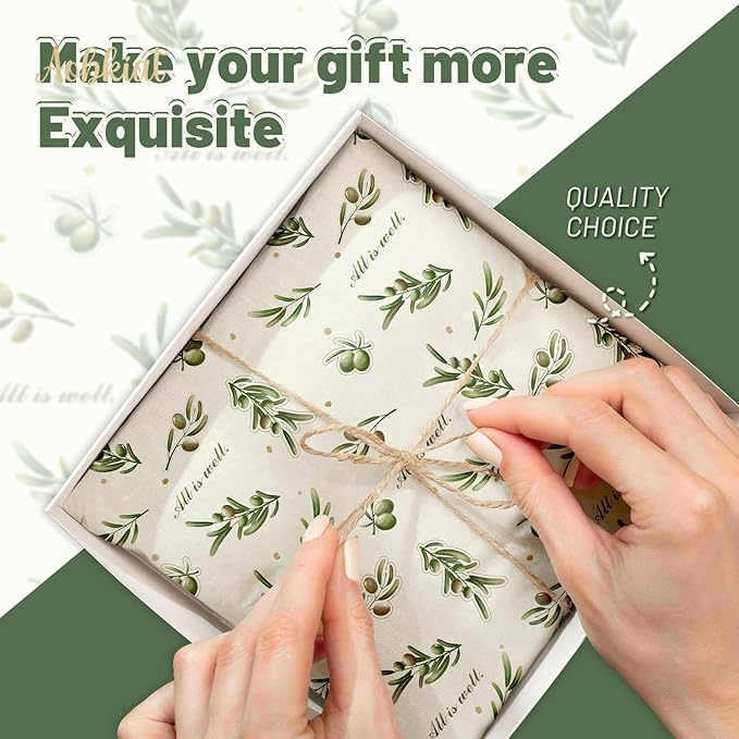Aobkiat Christmas Green Tissue Paper for Bags,20 x 15 Inch Olive Leaf Wrapping Paper for Friends Family Present Packaging Gift Wrap,Wedding,Birthday,Xmas,New Year,DIY Craft,24 Sheets