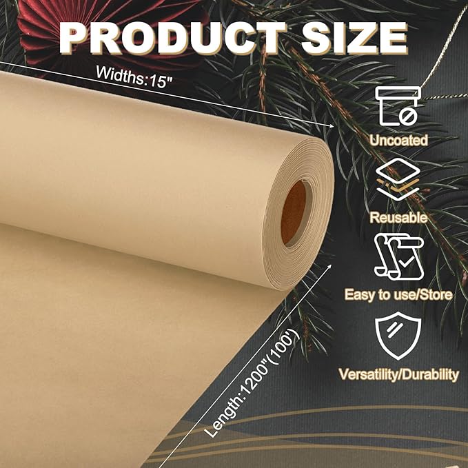 PATIKIL Wrapping Paper, 15"x1200"(100') Bulletin Board Paper Roll Kraft Paper Roll Construction 80GSM for Shipping Packing Gift Wrapping Craft Flower Bouquet Christmas, Brown