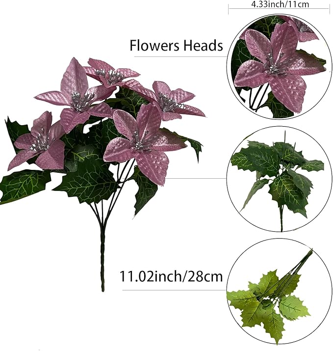 6 Pack Pink Christmas Artificial Poinsettia Flowers Faux Poinsettia Bush Bouquets Silk Poinsettia Christmas Tree Ornaments Poinsettia Flower Arrangement for Home Decor