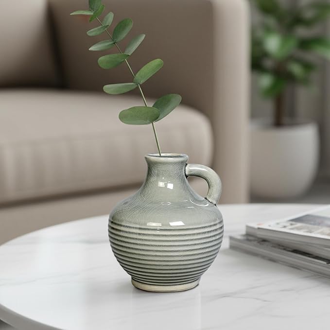 Sunddo Gray Ceramic Flower Vase， 6 Inch Small Modern Boho Vase for Home Decor, Decorative Vases with Handle, Neutral Accent for Minimalist, Table, Living Room, Bathroom, Shelf, Mantel Decor