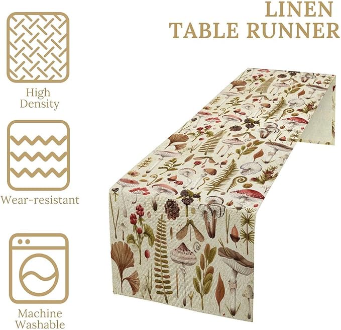 Vintage Mushroom Table Runner Rustic Botanical Plants Boho Wildflower Spring Summer Seasonal Dinner Runner for Farmhouse Kitchen Dining Table Decoration Cabin Home Holiday Party 13x60in