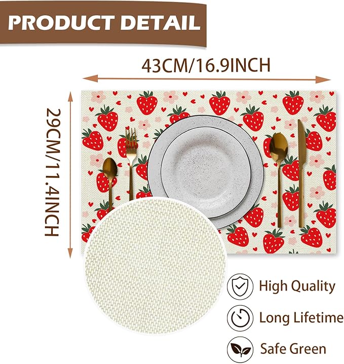 Red Cute Kids Fruit Strawberry Placemats Set of 4, Table Mats Place Mats for Kitchen Dining Table Decoration 16.9x11.4 Inch