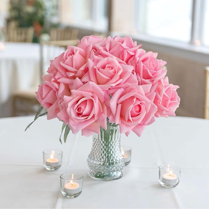 10pcs Real Touch Roses Stems Artificial Flowers, Pink Lifelike Full Bridal Bouquet for Flower Arrangement Spring Home Party Wedding Decoration