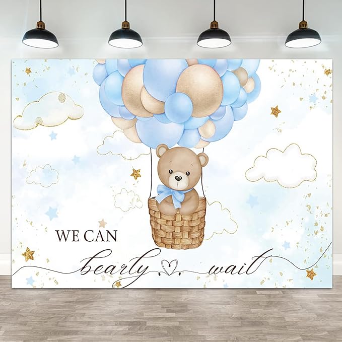9x6ft Baby Shower Backdrop Bear Hot Air Balloon Photography Background Blue Brown Balloons White Cloud Glitter Gold Stars Birthday Party Banner Decorations Newborn Parties Photo Booth Prop