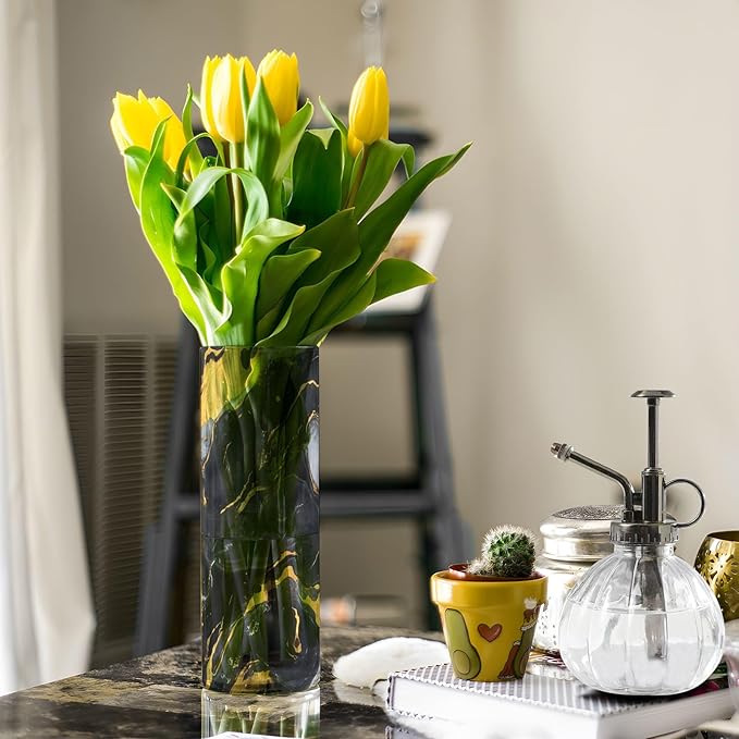Flower Vase for Centerpieces, Marble Texture Black Gold Plastic Cylinder Vase, Clear Bud Vases for Home Wedding Office Table Decor