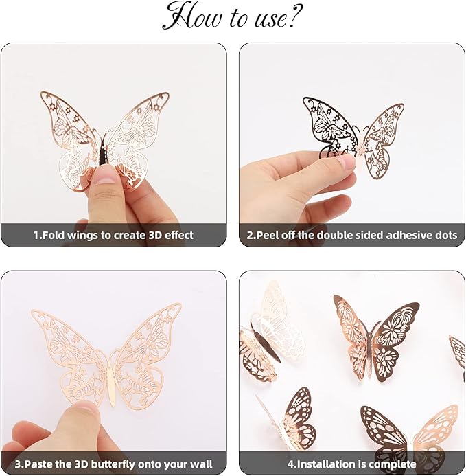 144 Pcs Rose Gold Butterfly Stickers 3D Butterflies Wall Decals Glitter 6 Styles and 3 Sizes Decorative Wall Stickers Butterfly Party Decorations, Butterflies for Cake Decorating