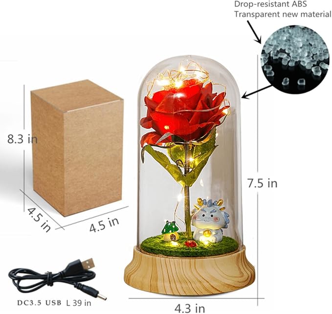 Levvohd Red Roses Birthday Gifts for Mom from Daughte, Beauty and The Beast Rose, Light Up Rose in Dome for Her Girlfriend Mom Christmas Mother Day Valentine Day Gift (Dragon)