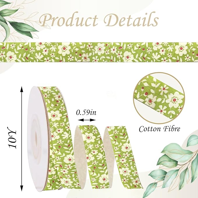 Green Floral Ribbon 5/8" x 10Yards Vintage Flower Ribbon for Bow Wreath Craft Gift Wrap, Floral Flowers Printed Cotton Ribbons for DIY Handmade Hair Bow Festival Wedding Home Party Decor