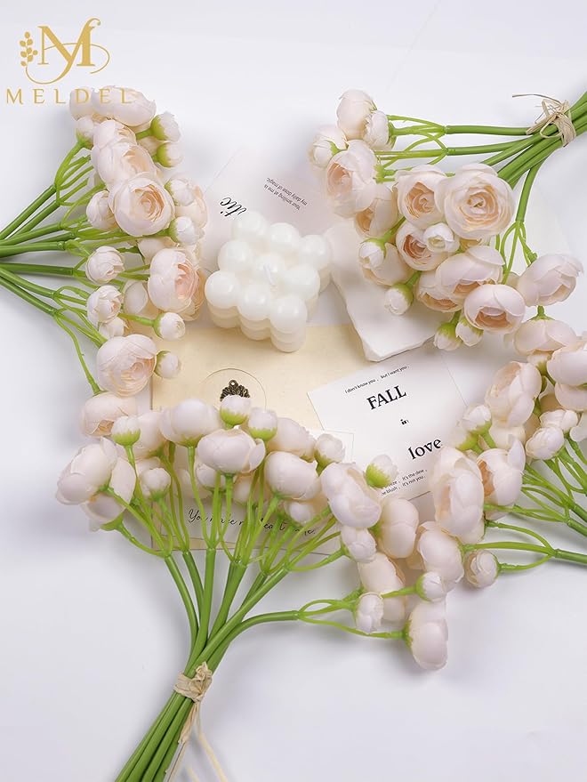 Meldel 32Pcs Ranunculus Artificial Flower, Faux Light Champagne Ranunculus Flowers for DIY Bouquet, Bulk Fake Peony Wedding Filler Flowers for Centerpieces Arrangements Bridal Shower Decorations