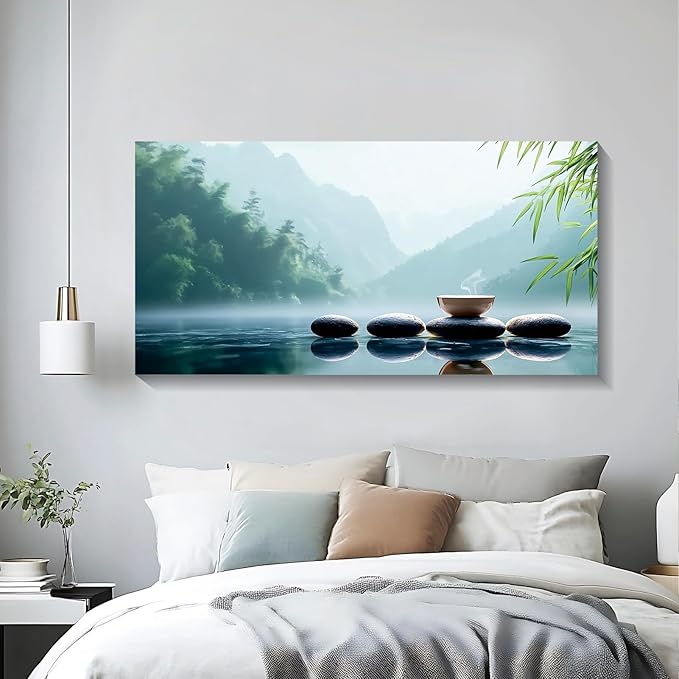 Iallbin Buddha Wall Art & Zen Wall Decor White Lotus on Water Canvas Painting - for Yoga Meditation Room, Spa & Bathroom, Iallbin Zen Stone Wall Art & Zen Wall Decor, Blending the essence of landscape artistry - for Yoga Meditation Room, Spa & Bathroom...