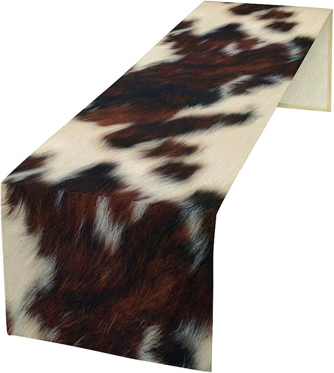Cow Skin Print Table Runner, Vintage Cottage Country Animal Fur Skin Pattern Western Style Farmhouse Black Brown Cowhide Print Dinner Runner Home Kitchen Dining Table 13x36in