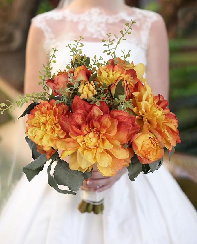 Orange Dahlia Peonies Artificial Flowers 2 Bouquets Dahlia Combo Peony Silk Flowers 18stems Faux Flowers for Vase Home Tables Wedding Bouquets Centerpieces Bridal Shower Decor (Orange)