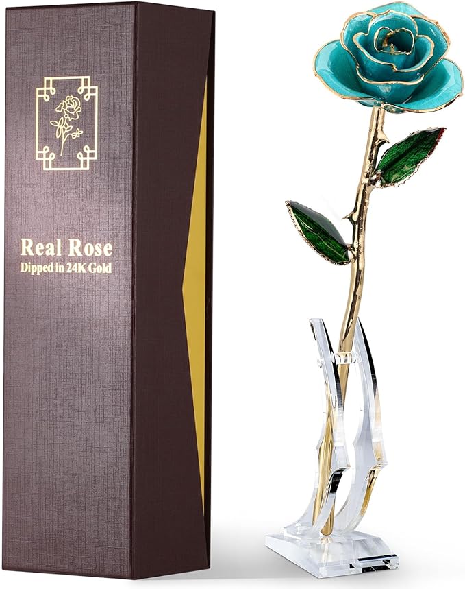 24K Gold Dipped Real Rose – Handcrafted, One of a Kind Gift – Timeless Romantic Present for Birthday, Valentine’s, Mother’s Day, Anniversary (Turquoise Blue)