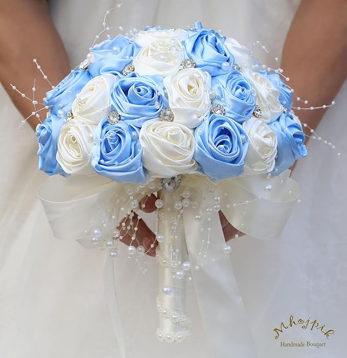 Bridal Wedding Bouquet Round Bling Brooch Bouquet Throw Toss Artificial Rose Flower Bunch for Bride Bridesmaid Wedding Quinceanera(Light Blue & Ivory, 8.7")