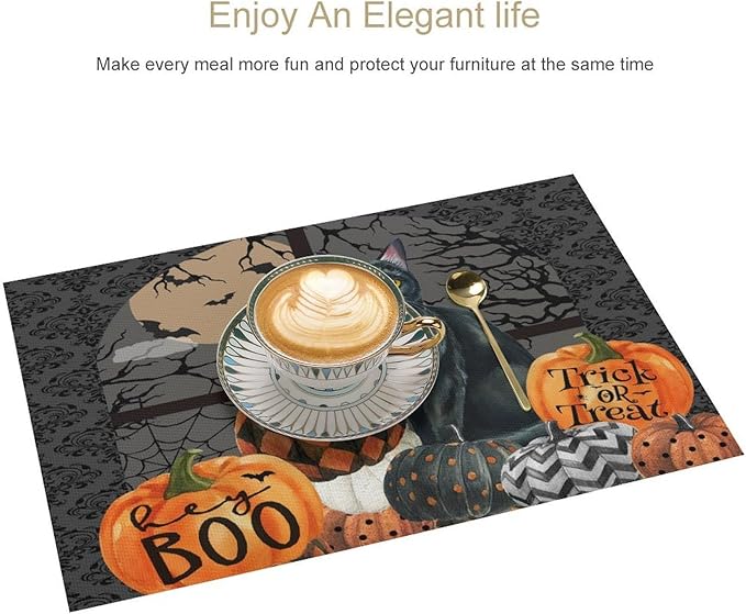 Boo Black Cat Pumpkins Halloween Placemats Gothic Dark Damask Bat Spider Web Dark Forest Funny Pumpkin Placemats Table Kitchen Dining Party 12x18 Inch Set of 4