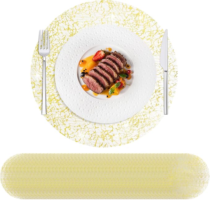 Hysenm 100 Pcs Disposable Gold Placemats Set Metallic 13 Inch Round Table Doilies, Ultra-Thin Messy Lines Disposable Placement Mats for Home Decoration Dining Table Wedding Birthday Party