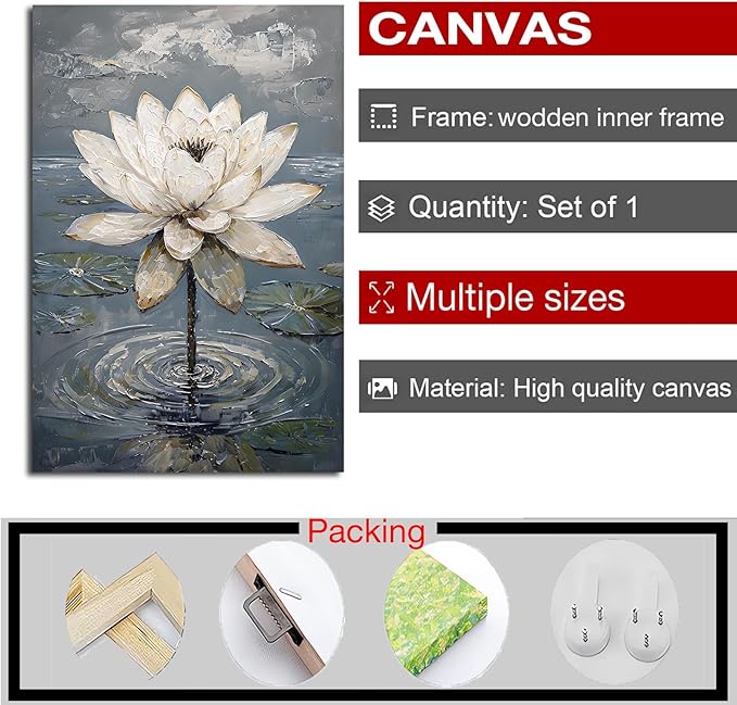 Stunning white lotus emerges from prismatic water with delicate petals background Serene aquatic wall art suitable for modern minimalist decor 16x24in Wood Framed