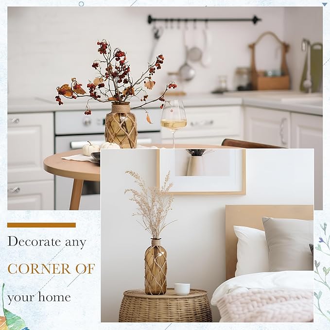 Chuangdi Set of 2 Coastal Glass Vases for Flower Small Flower Vase with Boho Rope Wrapping Beach Decorative Bottle for Coastal Nautical Table Centerpiece Wedding Floral Arrangement Decor(Light Brown)