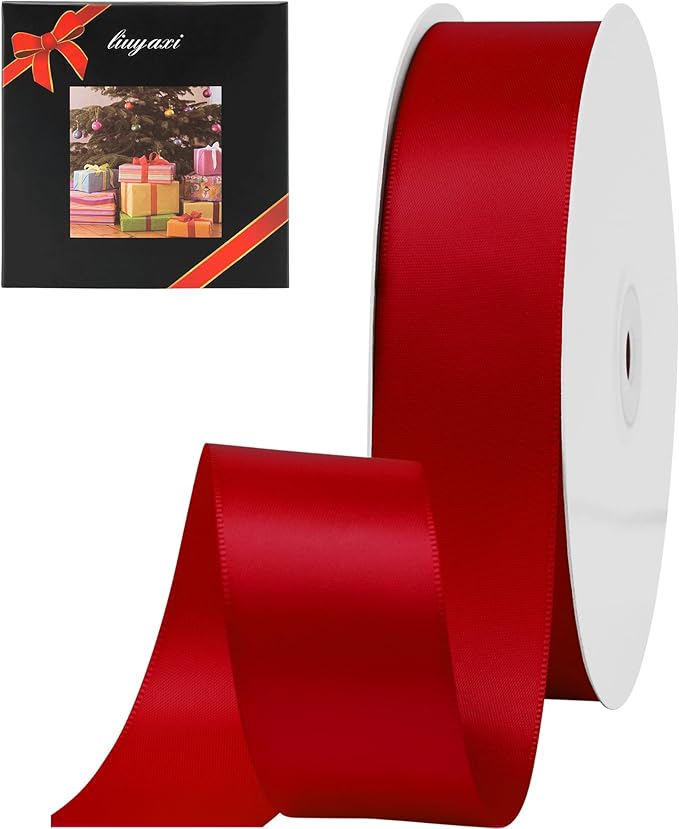 LIUYAXI Red Double Faced Satin Ribbon, 1-1/2" X Continuous 25 Yards, Ribbons Perfect for Gift Wrapping Wedding Bouquet Decor DIY Craft Bow Making & Other Projects
