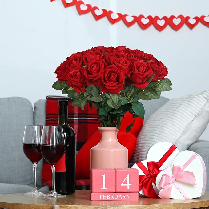 30pcs Fake Roses Artificial Silk Flowers Long Stems Bouquet for Wedding Bridal Shower Party Home Decoration (Burgundy)
