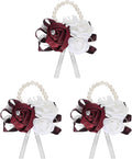MECCANIXITY 3Pcs Wrist Corsage Artificial Flower Bracelets Rose Wrist Bride Groom Decorative for Wedding Ceremony Prom Party Anniversary Wine Red