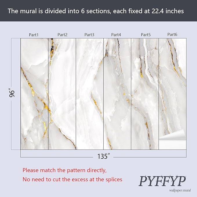 PYFFYP- Gold with White Marble Wallpaper Wall murals for Bathroom(Not Peel and Stick)