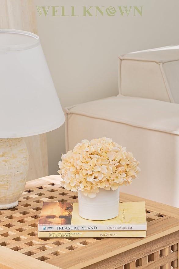Hydrangea Fake Flowers in Vase, Artificial Flowers with Ceramic Vase Small Faux Potted Floral Arrangement for Bathroom Home Desk Kitchen Counter Vanity Shelf Coffee Table Centerpiece Decor (Champagne)