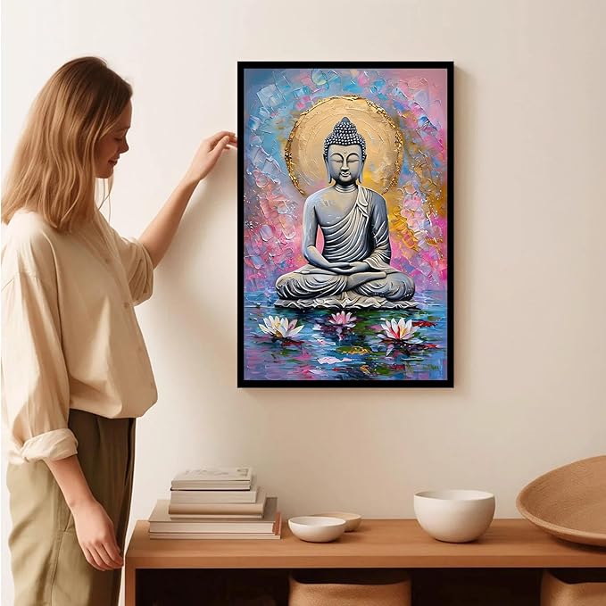 Lotus and golden Buddha meditation tranquil zen wall art mindfulness wall art for spiritual harmony and tranquility decor 24x36in Metal blackFramed