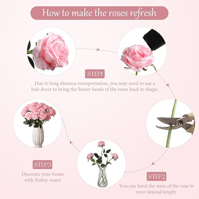 Nubry 24pcs Artificial Silk Roses Bulk,Fake Roses Flower with Stems Realistic Flowers for Wedding Centerpiece Home Party Decor(Pink)