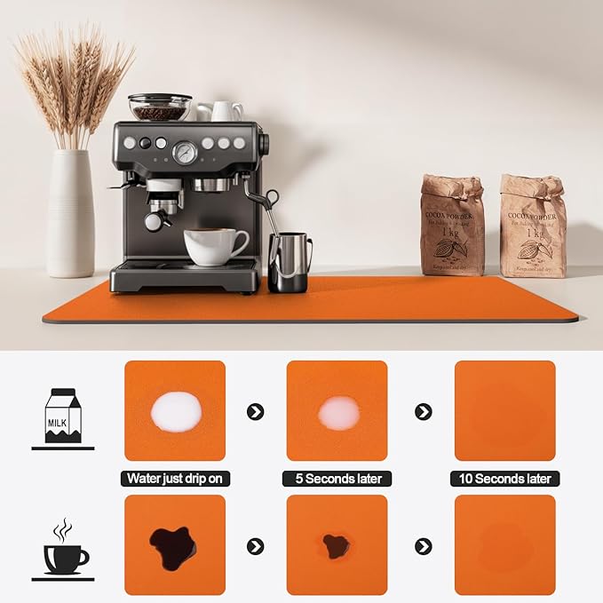 Dish Drying Mat for Kitchen Counter | Coffee Bar Mat for Countertops | Heat Resistant Drainer Mat with Non-slip Rubber Backed | Hide Stain Kitchen Absorbent Draining Mat | Orange 18"x28"