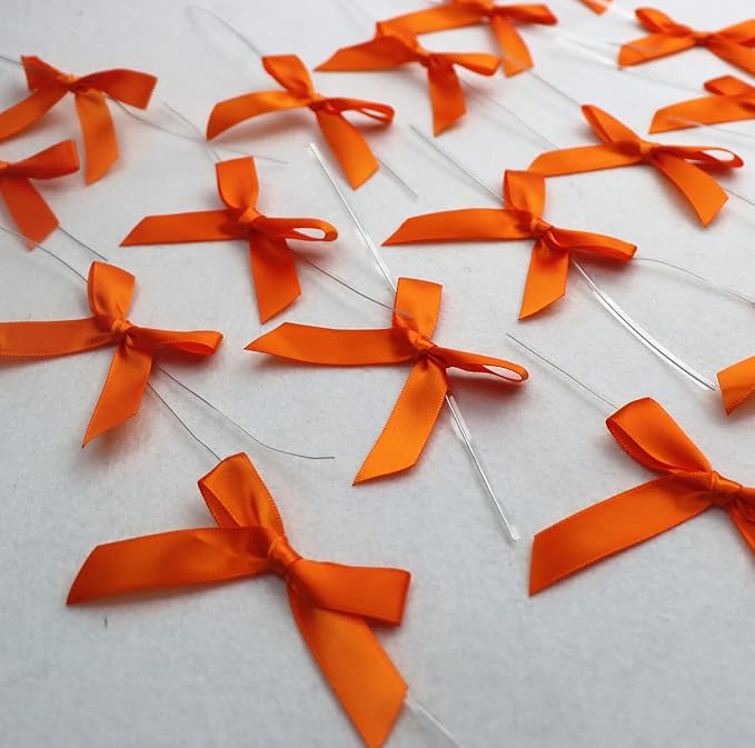 100 Pack Orange Satin Pretied Bows, 3" Satin Ribbon Twist Tie Bows for Gift Bags, Crafts, Weddings & Holidays