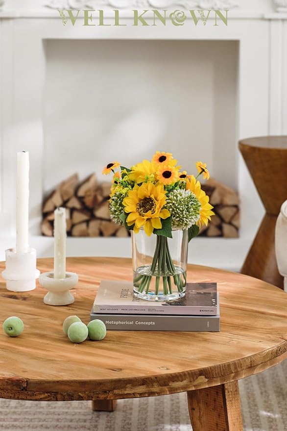 WELL KNOWN Yellow Silk Sunflower Arrangements Bouquet with Vase, Sunflower Artificial Flowers in Glass Vase for Housewarming Decoration Home Decor Office Dining Table Centerpieces