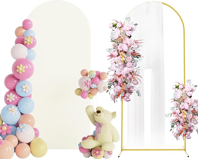 Putros 6ft Metal Arch Stand with Cover Ivory Spandex Fitted Wedding Arch Cover and Round Top Chiara Backdrop Stand Set for Birthday Party Baby Shower Decoration