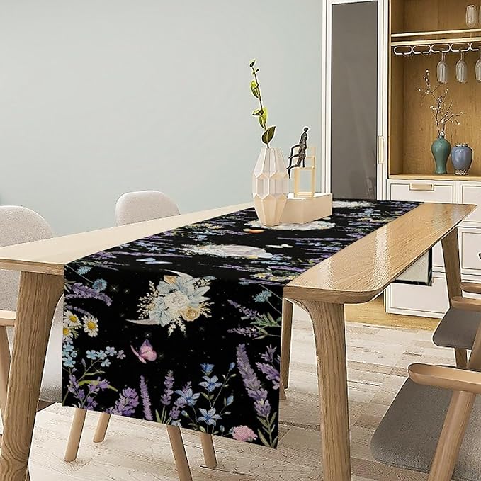Boho Floral Table Runner, Spring Gothic Moon Phase Wildflower Mystical Witchy Farmhouse Coffee Table Center Decor for Home Kitchen Dining Patio Holiday Party Table Decorations 13x36 inches