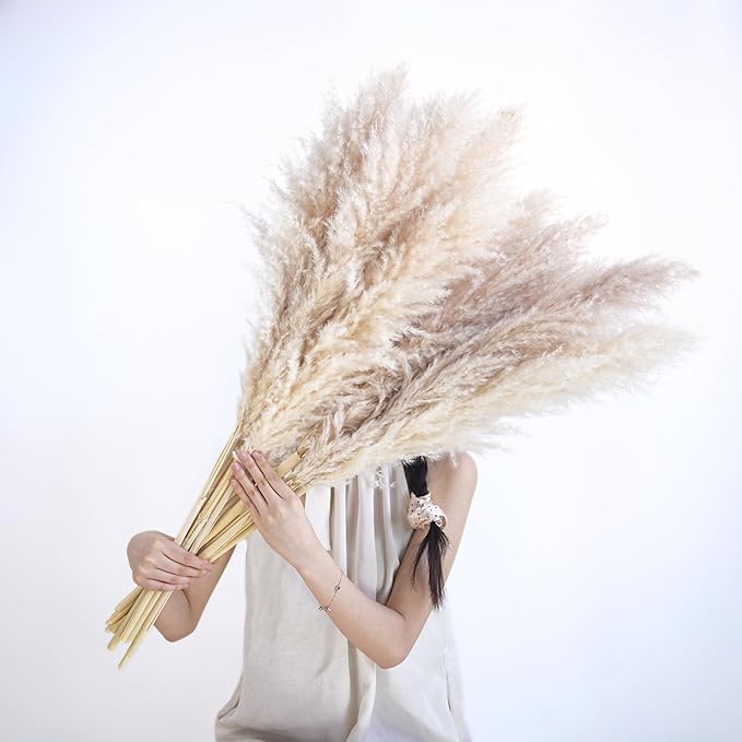 20 Stems Natural Pampas Grass Decor 40" Tall Dreid Pampas Grass for Wedding, Party, Farmhouse, Fluffy Dreid Flowers Boho Home Decor Beige & White
